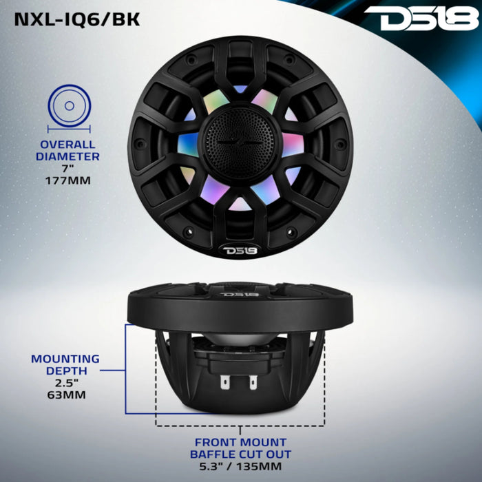 DS18 6.5" 2-Way 150 Watt RMS 4-Ohm RGB LED Coaxial Marine Speaker Black