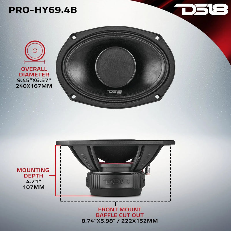 DS18 6x9 500W 4-Ohm Hybrid Mid-Range Loudspeaker w/ Built-in Driver PRO-HY69.4B