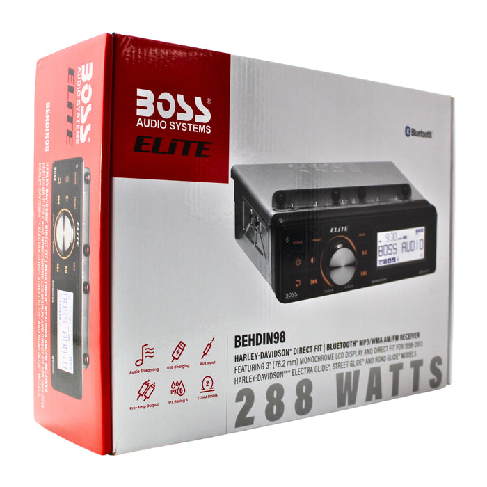 Boss Elite Harley 98-13 Bluetooth Receiver 3" BEHDIN98/w Free DS18 6X9 Speakers