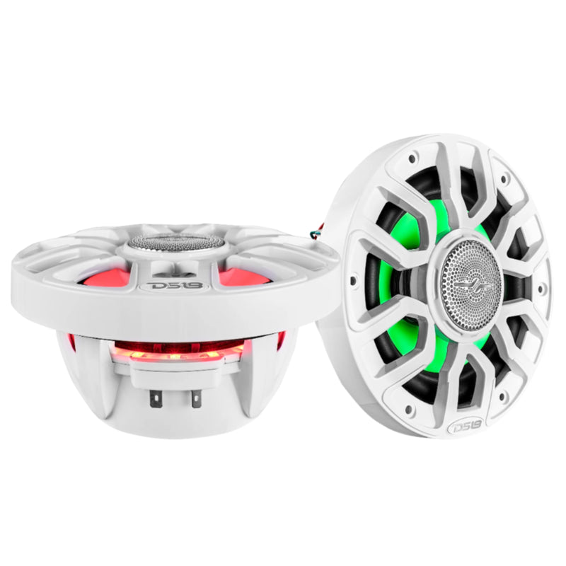 6.5" 2-Way 150 Watt RMS 4-Ohm RGB LED Coaxial Marine Speaker White DS18