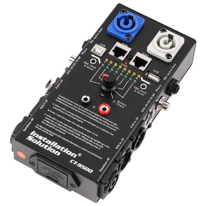 CT-9500 Universal Cable Tester for XLR, TRS, RCA, RJ45, USB, and SpeakON Cables