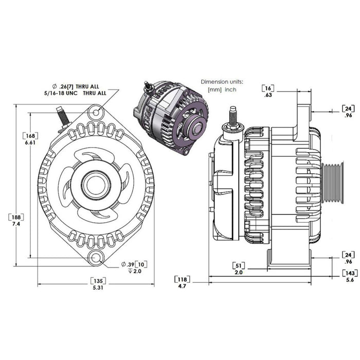 Mechman S-Series 320 Amp Universal Racing Alternator Natural Finish 7127320