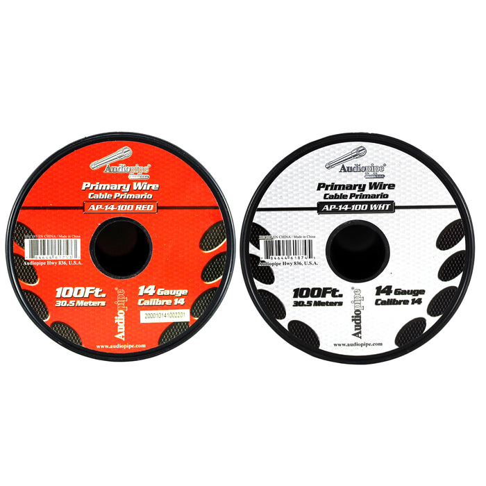 Audiopipe (2) 14ga 100ft CCA Primary Ground Power Remote Wire Spool Red & White