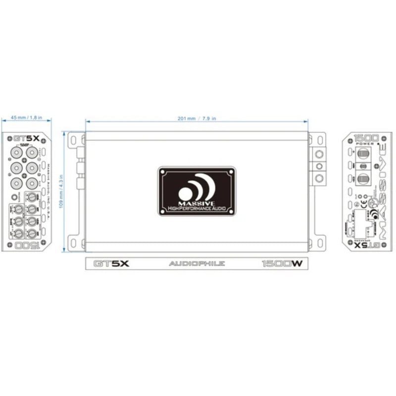 115 Watts RMS 5-CH  1 Ohm Stable Class D Car Audio Amplifier GT5X Massive Audio