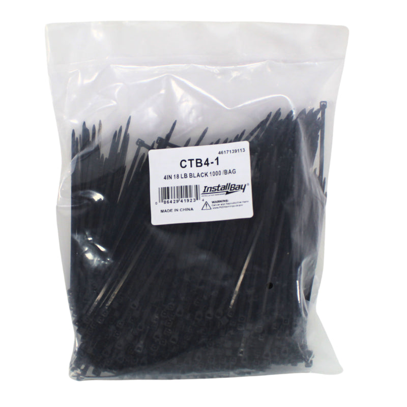 Universal 4" Black Cable Ties | UV Resistant 18lb Tensile Strength pk of 100. shown in package.