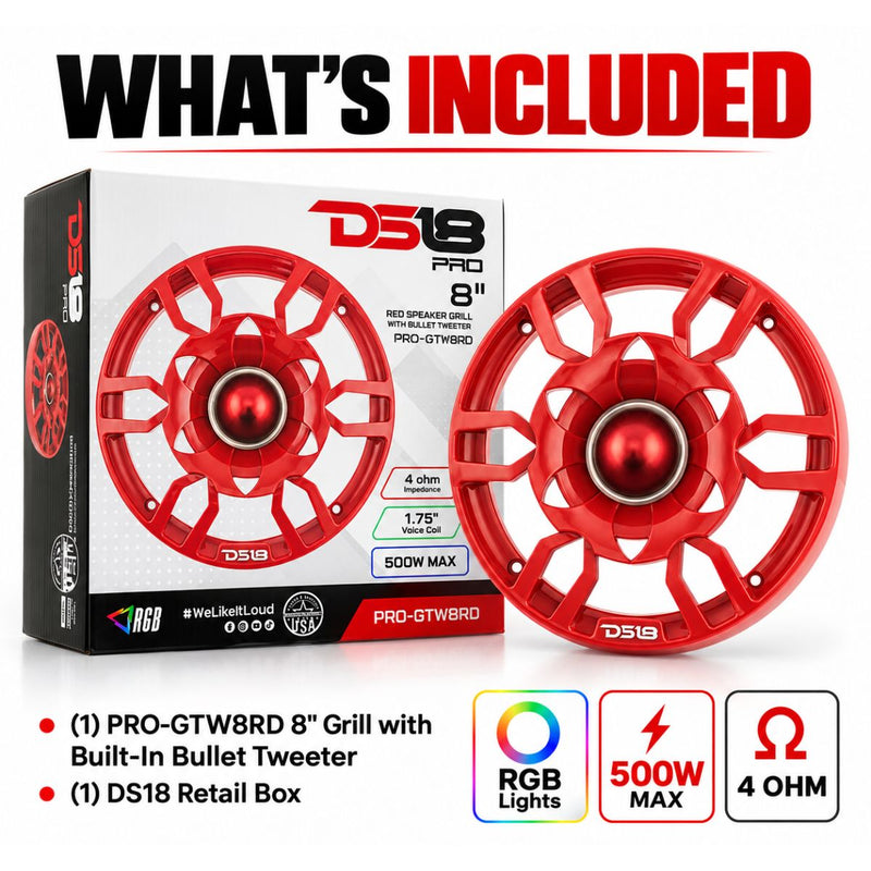 DS18 PRO-GTW8RD 8" Red RGB Speaker Grille with 1.75" Neodymium Bullet Tweeter 250W RMS 4 Ohm
