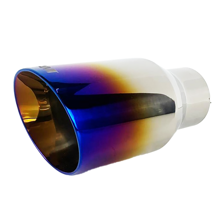 Single Round Slant Cut Exhaust Tip Blue Burnt Flame Auto Product Makers NT-2379