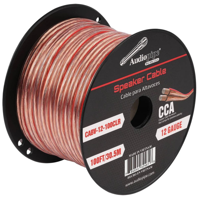 Audiopipe 12 Gauge (AWG) CCA Clear Speaker Wire w/ Red Stripe 100 Feet