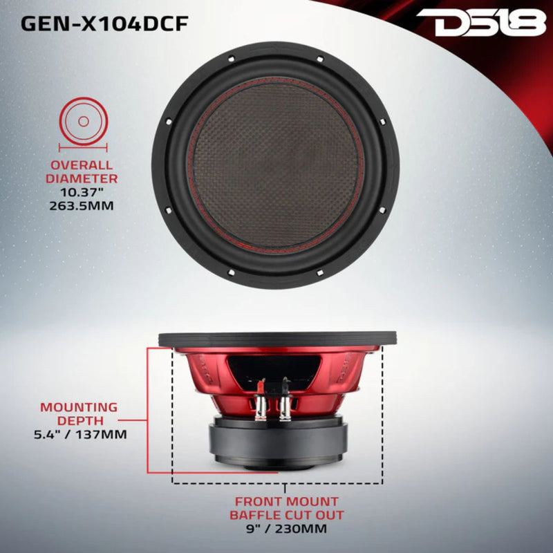 DS18 10" 600 Watt RMS Dual 4 Ohm Carbon Fiber Dust Cap Subwoofer GEN-X104DCF