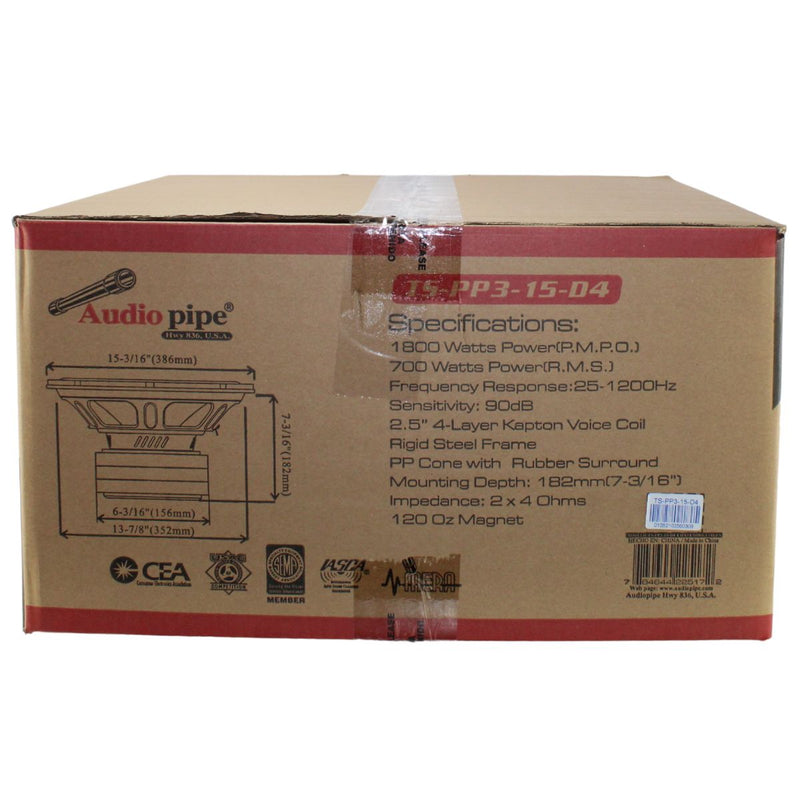 Audiopipe Pro Car Audio 15" 700 Watt RMS Dual 4-Ohm Subwoofer