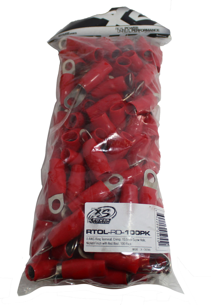 XS Power 10 x Red 0 AWG 10.5MM Ring Terminals Nickel Plated W/ Boot XS-RT0L-RD