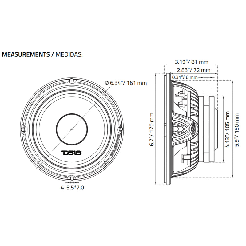 DS18 6.5" 325 Watts RMS 4 Ohm XL Series Neodymium Mid-Range Loudspeaker W/Bullet