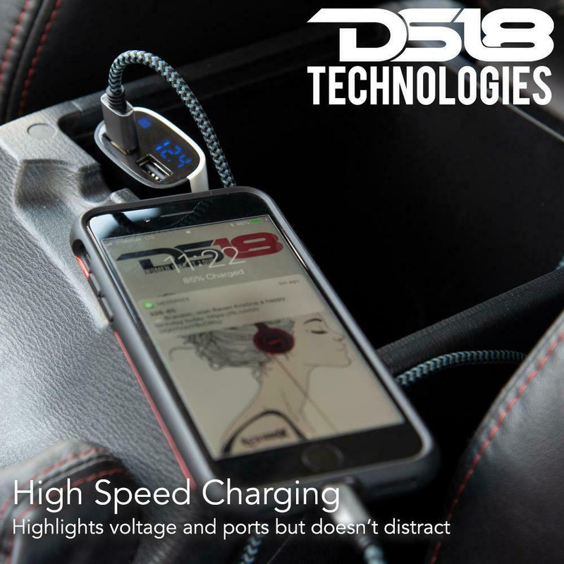 DS18 Car Audio 12 Volt meter With Dual Quick Charger USB Ports Black