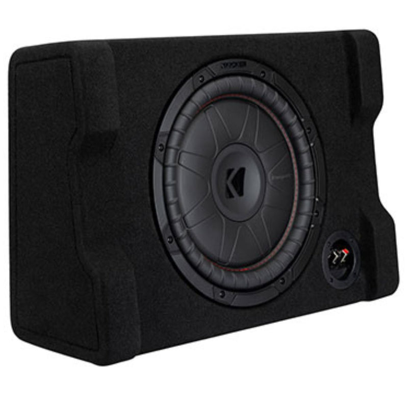 Get big bass in tight spaces with Kicker's 52CVTDF122 12" Down-Firing CompVT Subwoofer Enclosure. 225 450W RMS, 900W Peak, 2-Ohm, durable MDF wedge design. Side Angle View