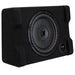 Get big bass in tight spaces with Kicker's 52CVTDF122 12" Down-Firing CompVT Subwoofer Enclosure. 225 450W RMS, 900W Peak, 2-Ohm, durable MDF wedge design. Side Angle View