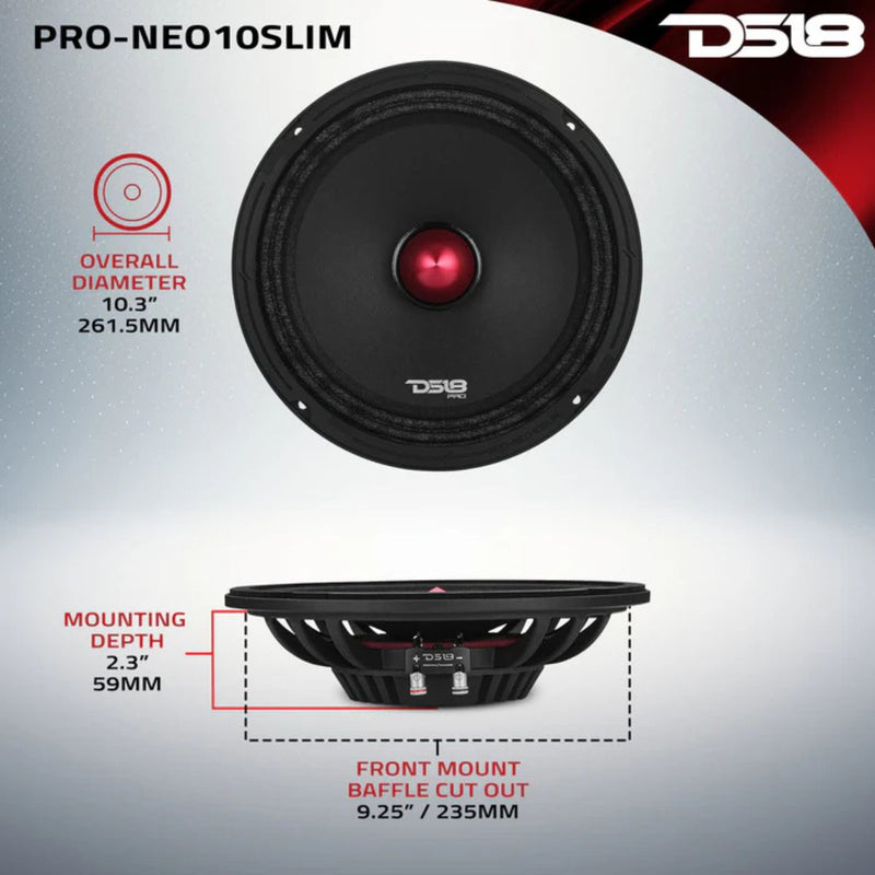 DS18 10" 250W RMS 4-Ohm Slim Neodymium Mid-Range Loudspeaker with Bullet