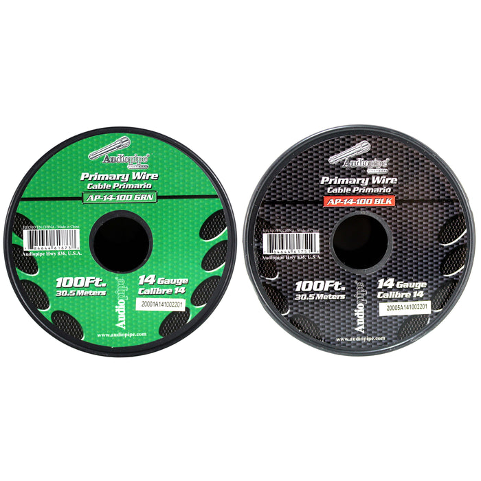 Audiopipe 2 Pack of 14ga 100ft CCA Primary Ground Power Remote Wire Black/Green