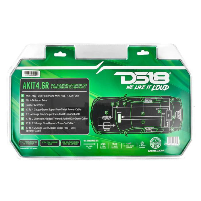 DS18 AKIT4 CCA 4-Gauge Amplifier Installation Kit - Green / DS-AKIT4-GR