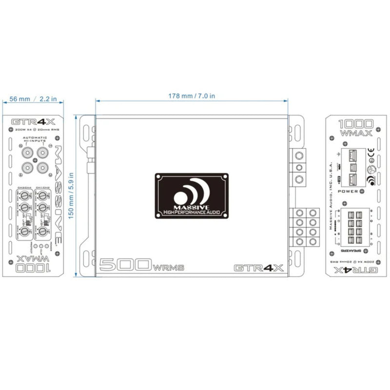 220 Watts RMS 2 Ohm 4-CH Class D Digital Car Audio Amplifier Massive Audio GTR4X