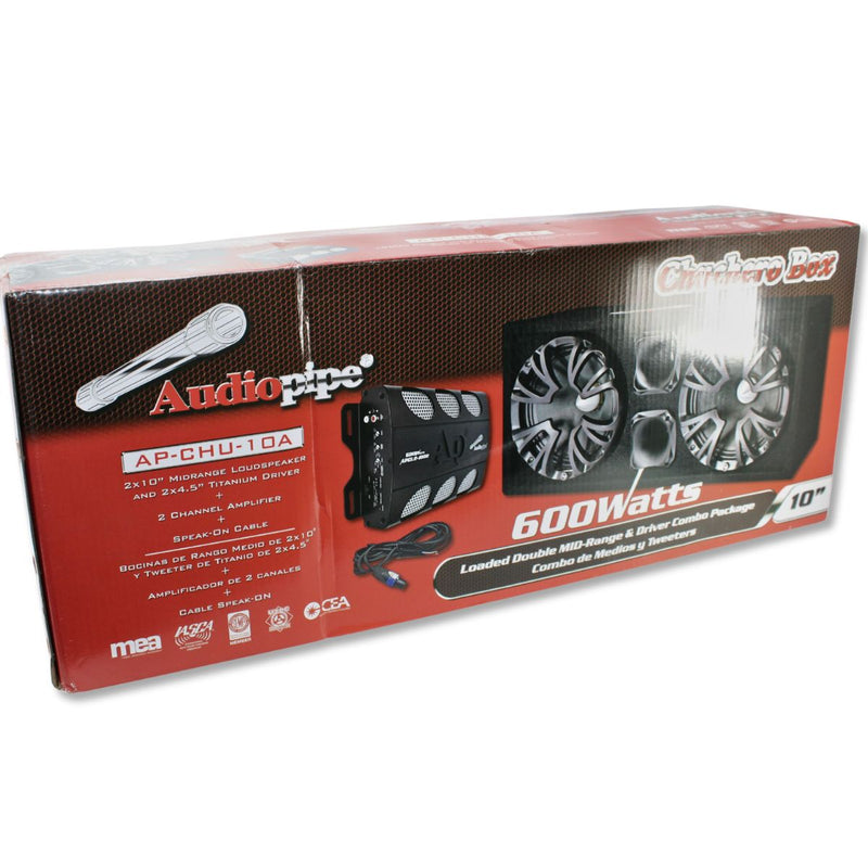 Audiopipe Loaded 10" 2x Mid-Range + 2x Driver Combo with 500W 2-Channel Amplifier