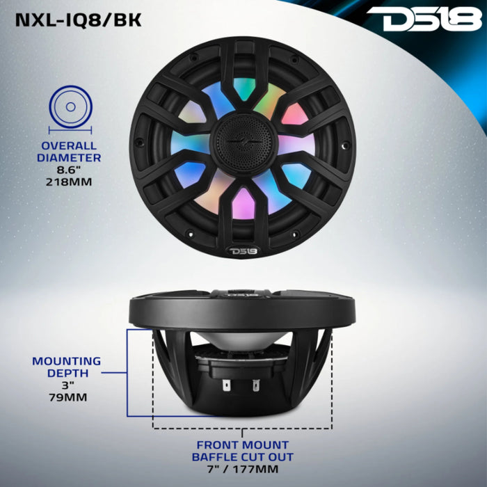 DS18 8" 2-Way 175 Watt RMS 4-Ohm RGB LED Coaxial Marine Speaker Black NXL-IQ8-BK