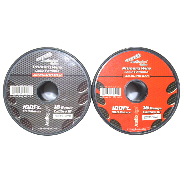 Audiopipe 2 Pack of 16 Gauge 100 ft Spools of CCA Primary Wire Red & Black