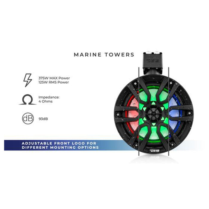 DS18 Hydro 8" 375 Watts 4 Ohm Marine Towers with Integrated RBG Lights Black