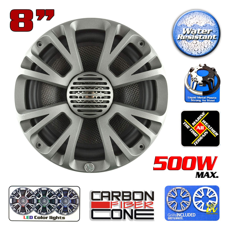 8" Coaxial 250W RMS 4-Ohm 2-Way Marine Speakers w/ LED Lights Audiopipe