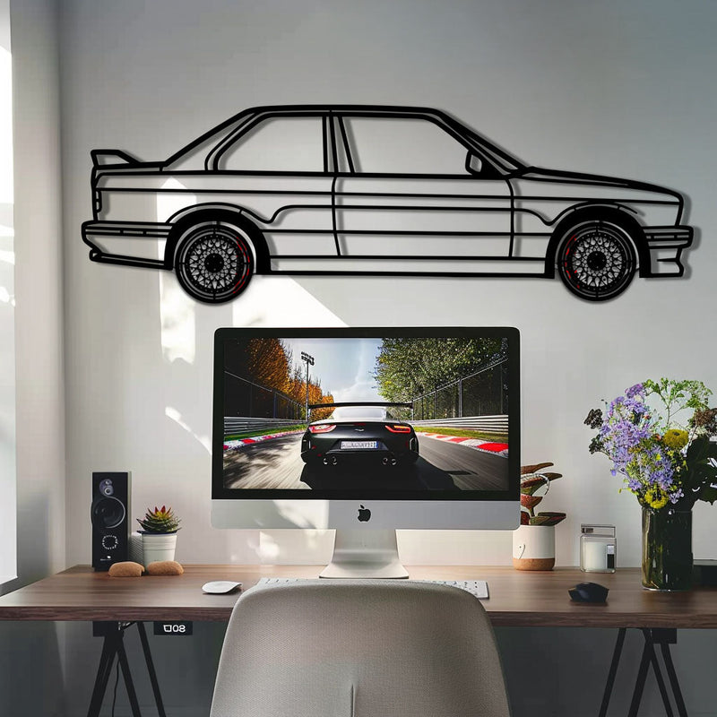 BMW E30 M3 Metal Car Wall Art with Rotating Wheels - Classic M Power Silhouette Decor - Interactive Automotive Wall Art - KAFMEKA100