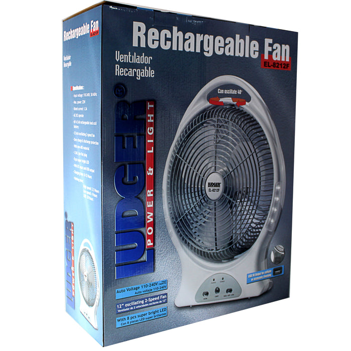 12" Rechargeable Fan AC/DC 110-240 Volts USB 5V LED 110-240 Volts EL8212F