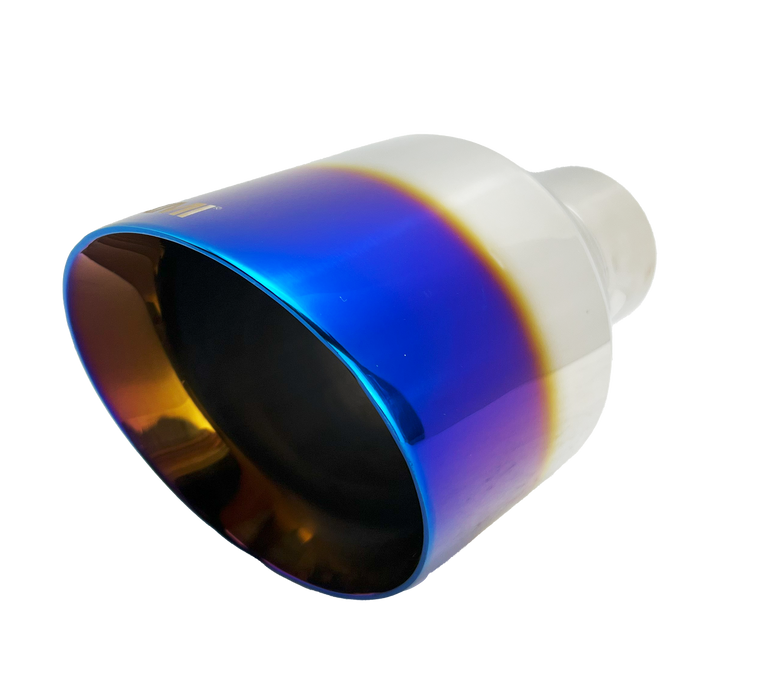 Single Round Slant Cut Exhaust Tip Blue Burnt Flame Auto Product Makers NT-2589