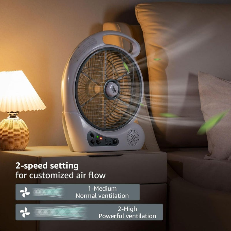10" 2 Speed Rechargeable Cooling Fan AC/DC Radio USB 5V LED 110 -240 Volts