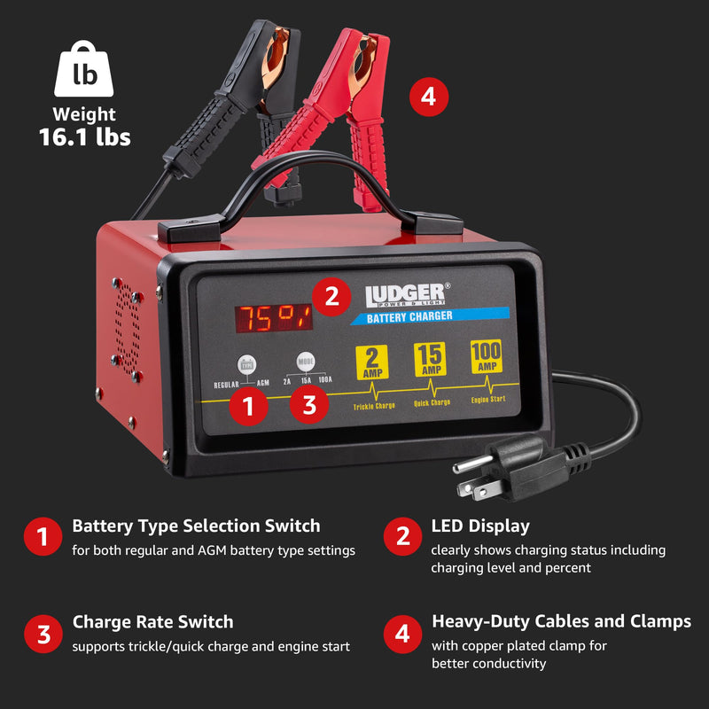 Ludger 12 Volt 2-15-100 Amp LED Regular AGM Battery Charger LBCG-12-100