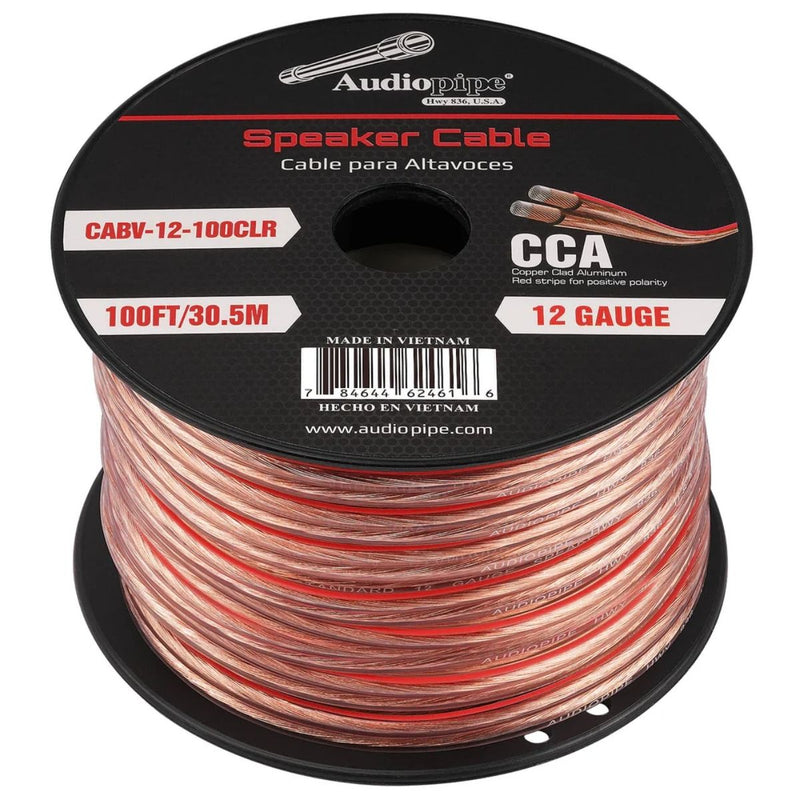 Audiopipe 12 Gauge (AWG) CCA Clear Speaker Wire w/ Red Stripe 100 Feet