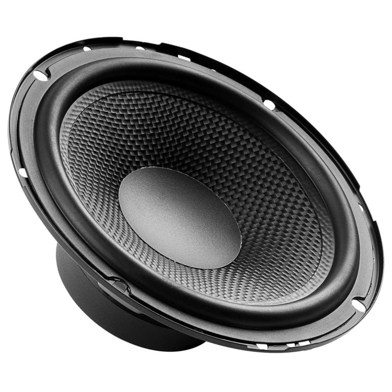 Upgrade your car sound with the Audiopipe CSE-65-CMP 6.5" component speaker system. Features 30mm PEI tweeters, crossover network, carbon fiber-look cones, and 350W peak power. Front side angle view of speaker.