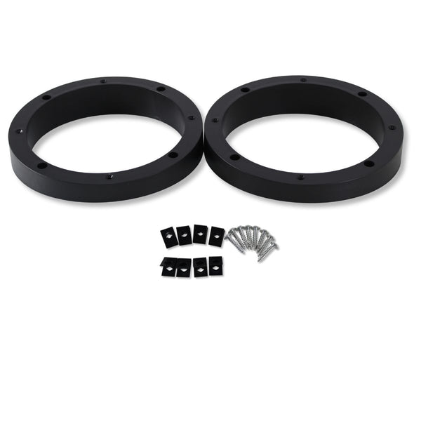 view of 6.5" Beveled Speaker Spacer Rings 1.5" Depth Audiopipe RING-PVC-BVL-6  and hardware