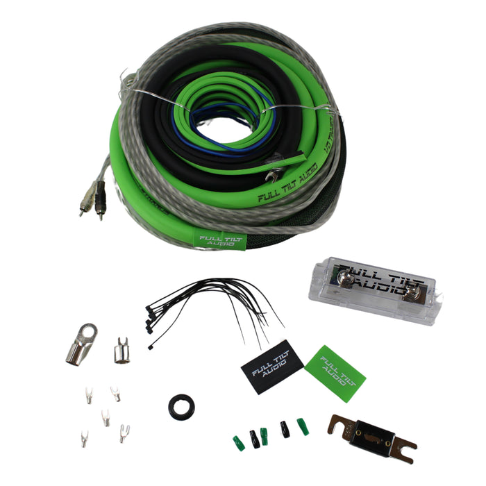 Full Tilt Audio 100% OFC 0 Gauge Lime Green / Black Amplifier Install Kit