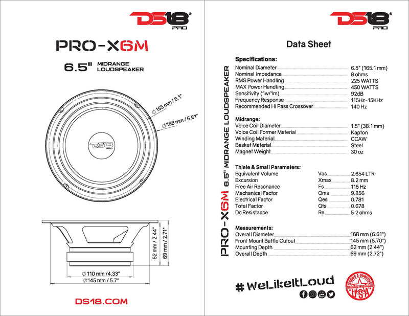 DS18 PRO-X6M 6.5" 8 Ohm Midrange Speaker 450W Max 225W RMS Loudspeaker