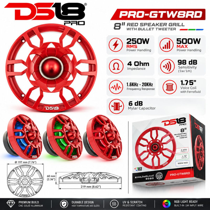 DS18 PRO-GTW8RD 8" Red RGB Speaker Grille with 1.75" Neodymium Bullet Tweeter 250W RMS 4 Ohm