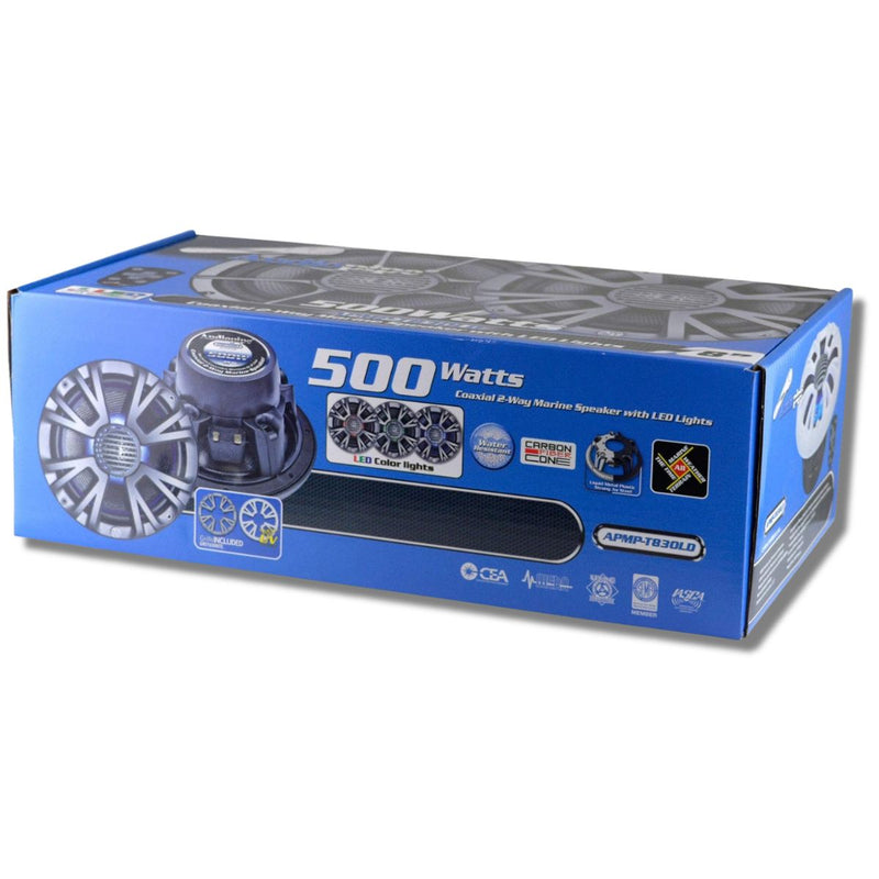 8" Coaxial 250W RMS 4-Ohm 2-Way Marine Speaker Pair w/ LED Lights Audiopipe