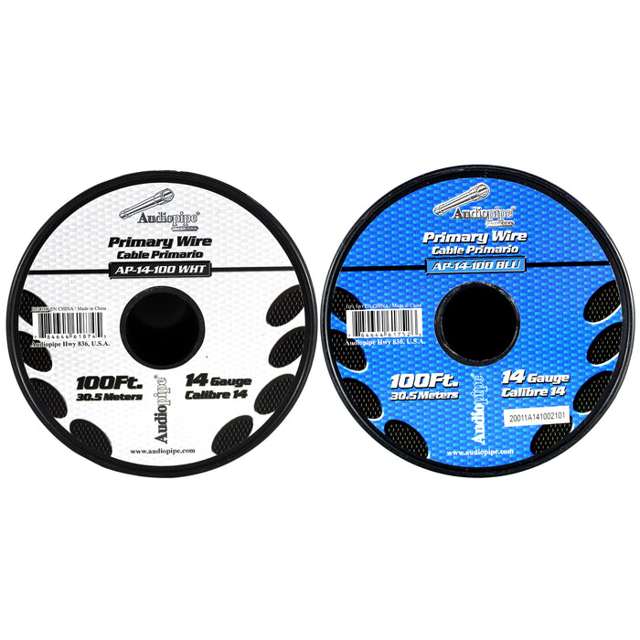 Audiopipe (2) 14ga 100ft CCA Primary Ground Power Remote Wire Spool Blue/White