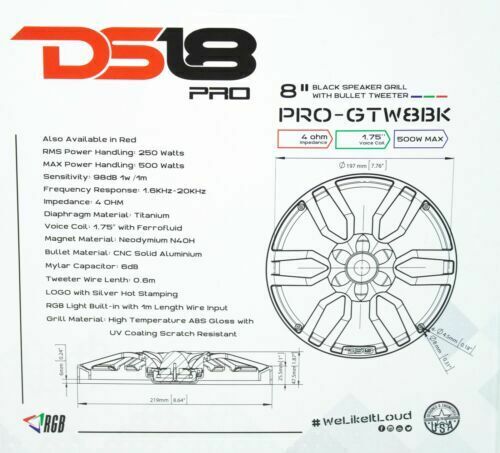 1x 8" Black Speaker Grill Cover / Built In Bullet Tweeter RGB LED Pro Audio - Big Jeff Online Inc