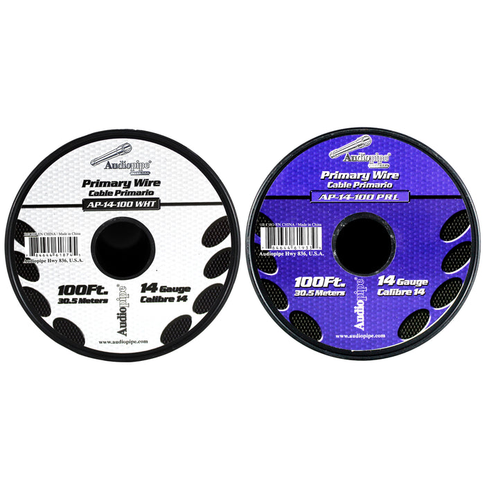 Audiopipe (2) 14ga 100ft CCA Primary Ground Power Remote Wire Spool Purple/White