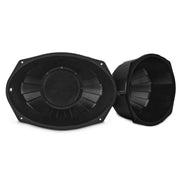 Universal 6x9 sealed speaker baffles with airtight gasket. Ribbed ABS reduces vibration and helps protect speakers in Harley fairings and saddlebags. Product Front View