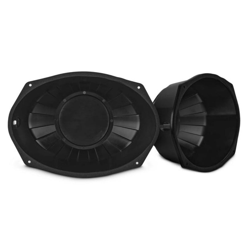 Universal 6x9 sealed speaker baffles with airtight gasket. Ribbed ABS reduces vibration and helps protect speakers in Harley fairings and saddlebags. Product Front View