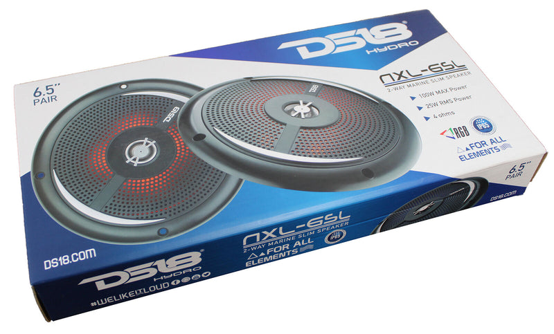 DS18 6.5" 200W 4-Ohm 2-Way Slim Marine Speakers Pair W/RGB LED Black NXL-6SL
