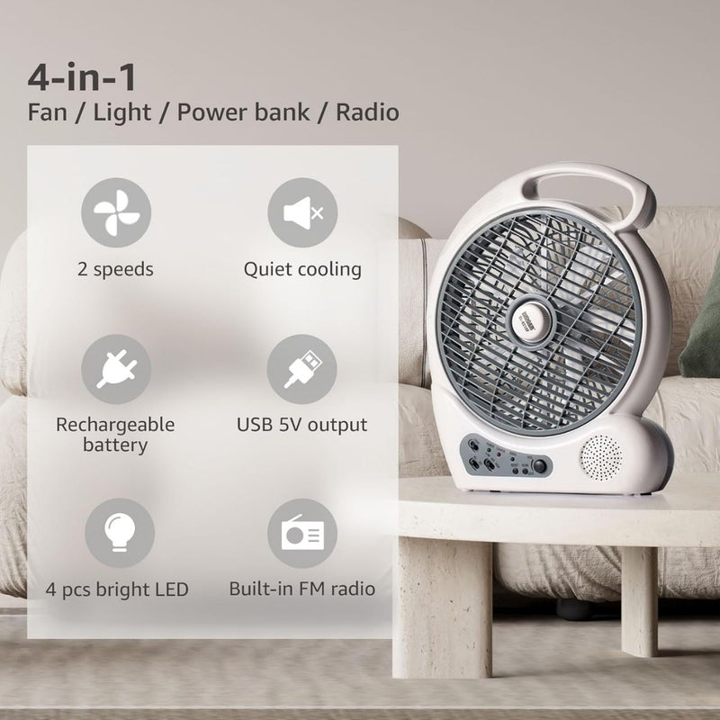 10" 2 Speed Rechargeable Cooling Fan AC/DC Radio USB 5V LED 110 -240 Volts