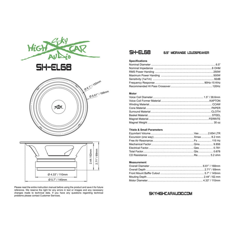Sky High Pro Car Audio 6.5" Midrange Midbass Loudspeaker 500W 8 Ohm SH-EL68