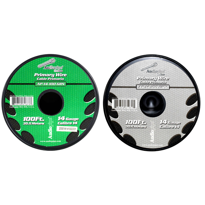 Audiopipe (2) 14ga 100ft CCA Primary Ground Power Remote Wire Spool Green/Gray