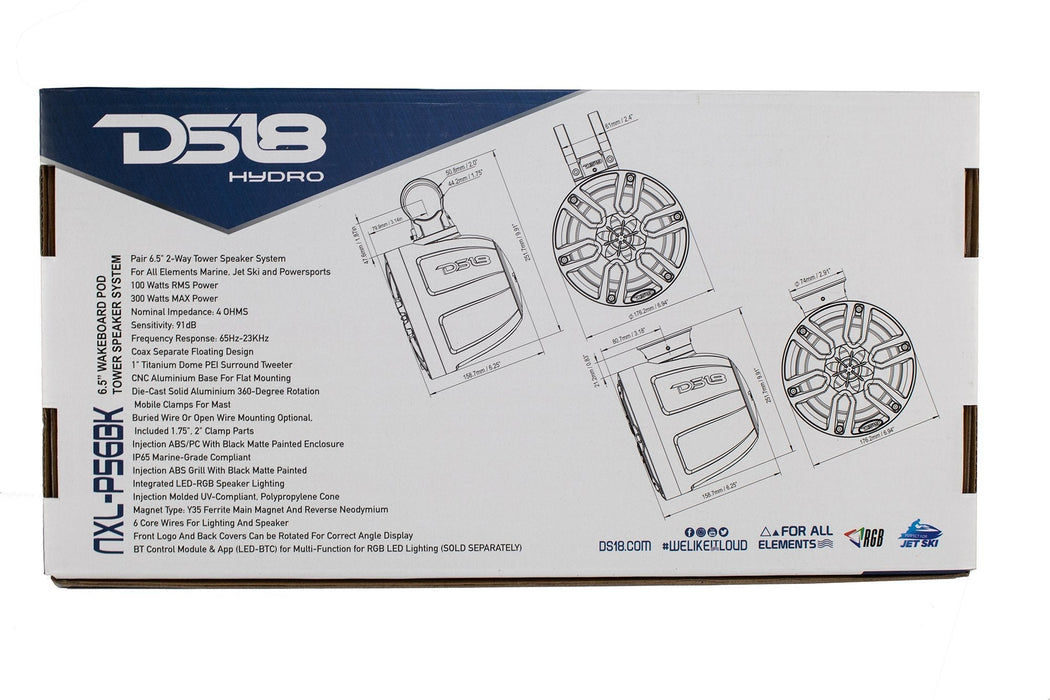 DS18 6.5" 300W Marine Pod Pair of Black Speakers with Integrated LED NXL-PS6BK